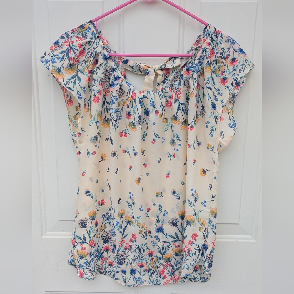 LC Lauren Conrad Cream Floral Blouse, Flowy, Spring, Fairy, Size Large Women's